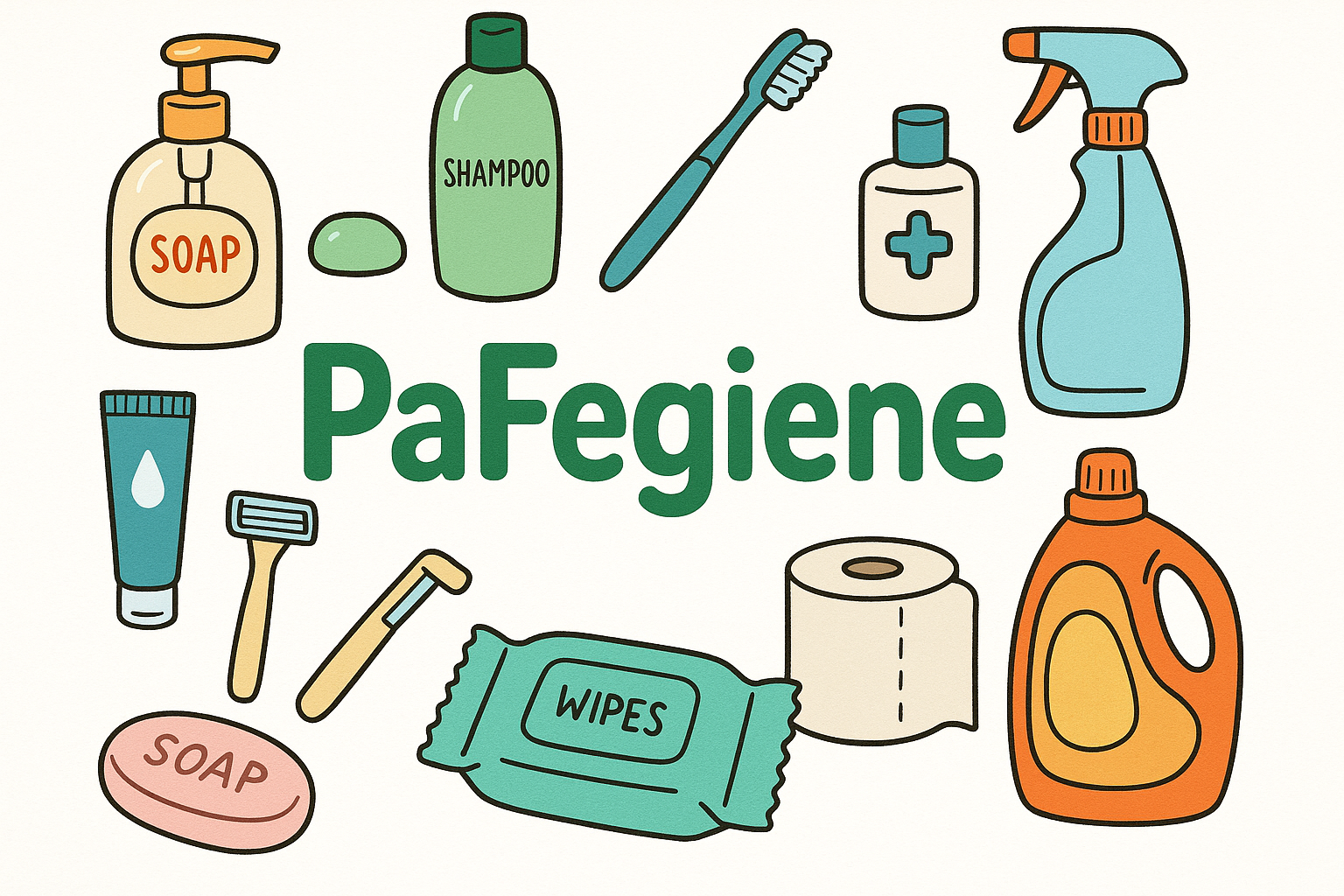 Faça uma imagem com um fundo branco com produtos de limpeza e higiene pessoal em forma de desenho e no meio escrito PaFegiene em verde com letras grandes